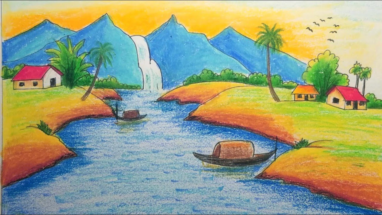 Vẽ tranh phong cảnh núi sông đơn giản | Village scenery with oil pastels step by step | Khái quát những thông tin liên quan đến tranh vẽ phong cảnh làng quê
