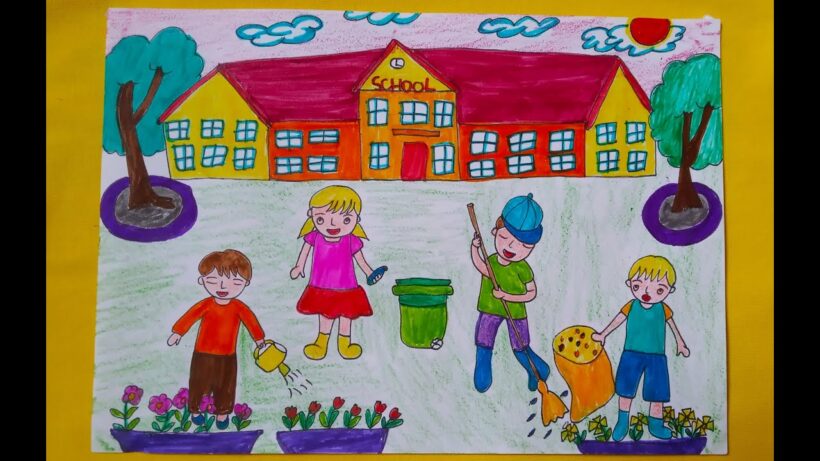 Vẽ tranh đề tài trường em và hoạt động quét dọn sân trường
