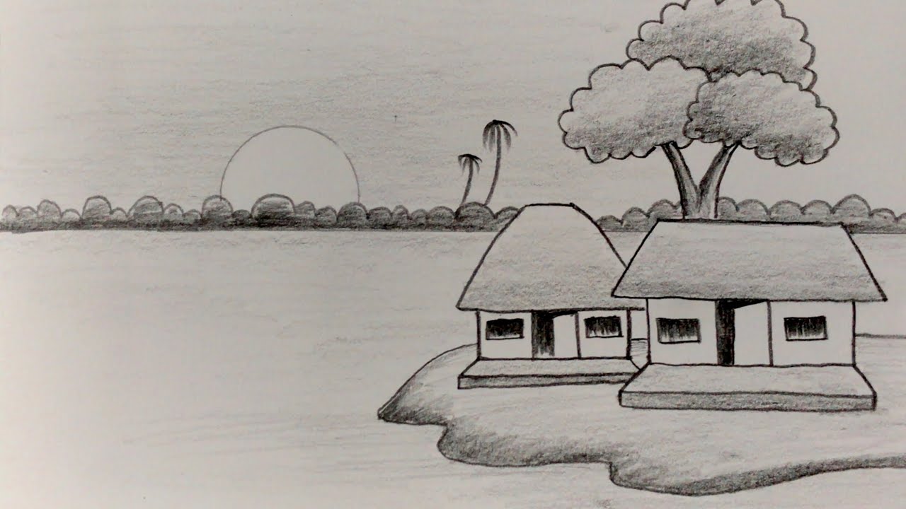 Mẫu tranh vẽ phong cảnh làng quê bằng bút chì đen