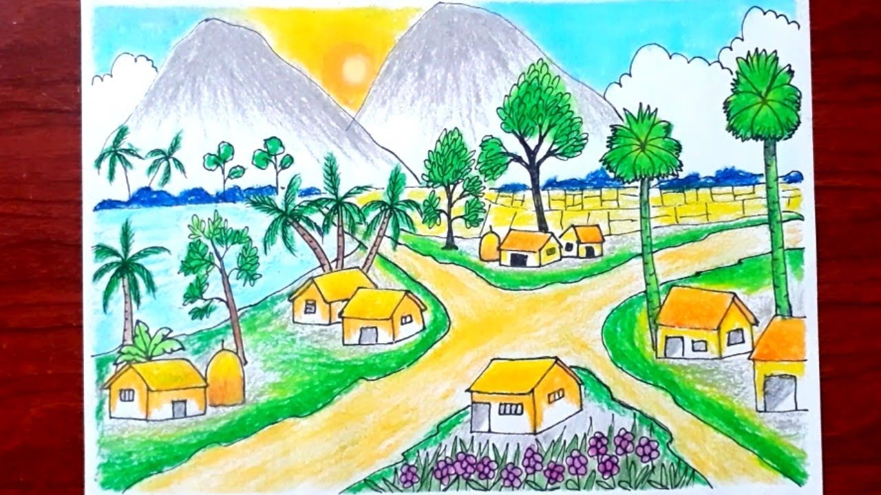 Tranh vẽ cảnh làng quê bằng bút chì màu