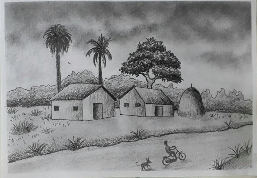 Tranh vẽ cảnh làng quê bằng bút chì