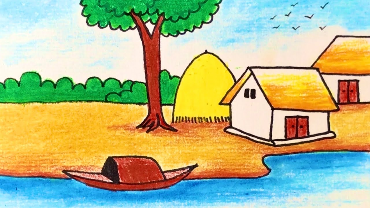 Tranh vẽ cảnh làng quê bằng bút màu