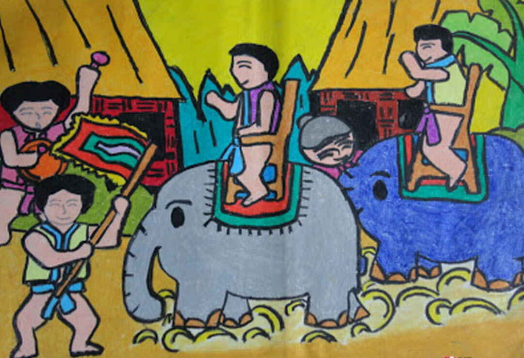 Tranh vẽ đề tài lễ hội đua voi Tây Nguyên