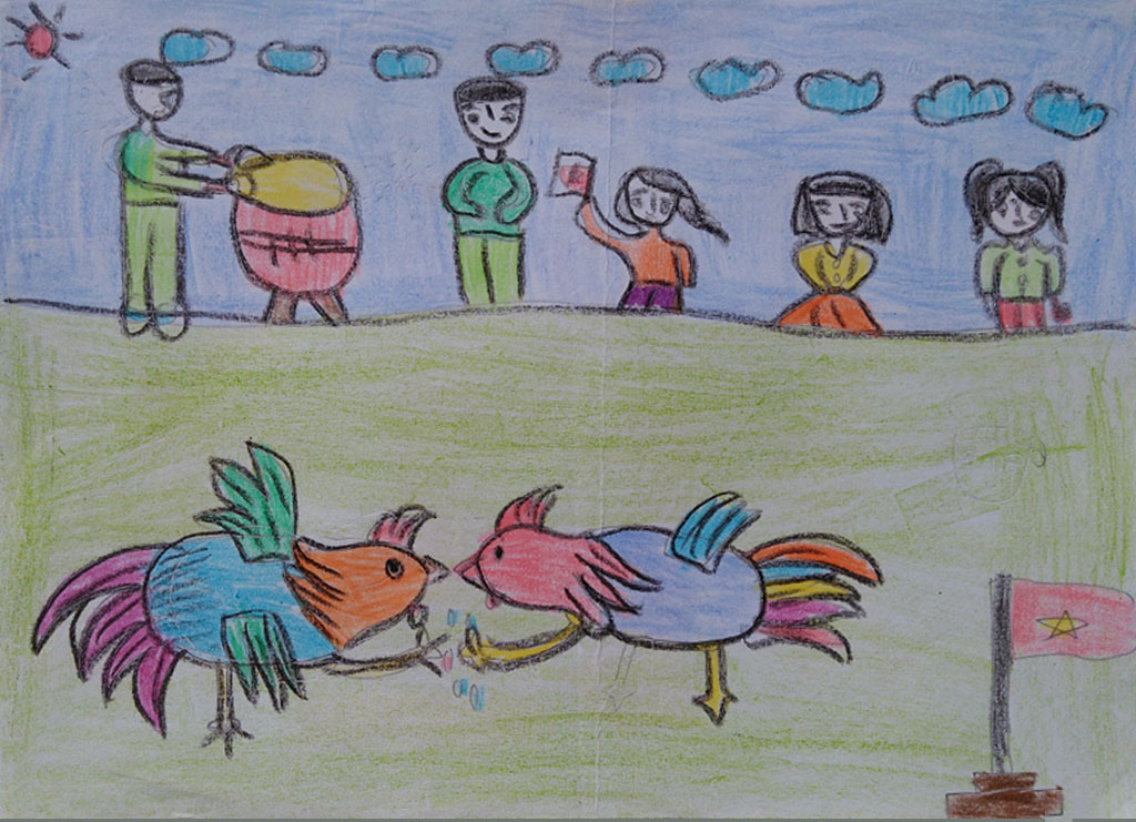 Tranh vẽ lễ hội chọi gà của học sinh