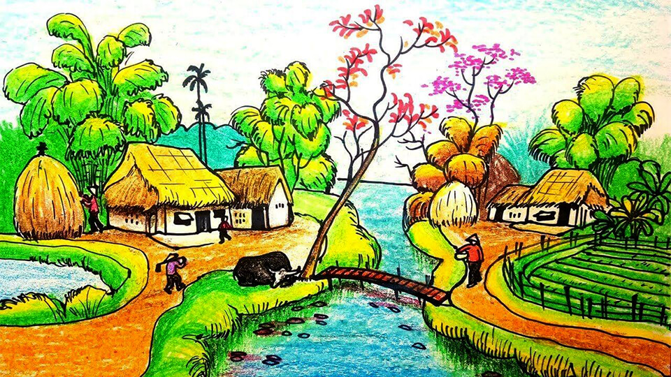 Dạy bé vẽ tranh phong cảnh làng quê cực kì đơn giản - hình ảnh 17
