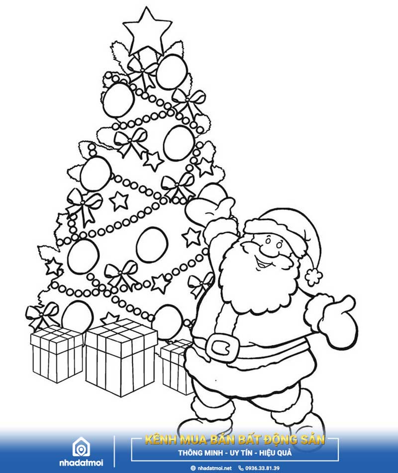 Mẫu tô màu ông già Noel và cây thông Giáng sinh khổng lồ