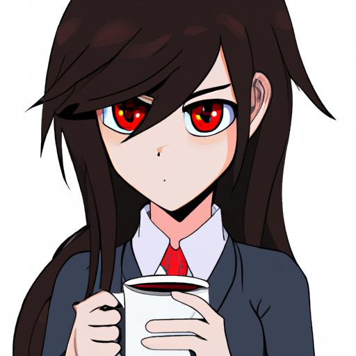 Cô gái anime với khuôn mặt không cảm xúc cầm cốc cà phê