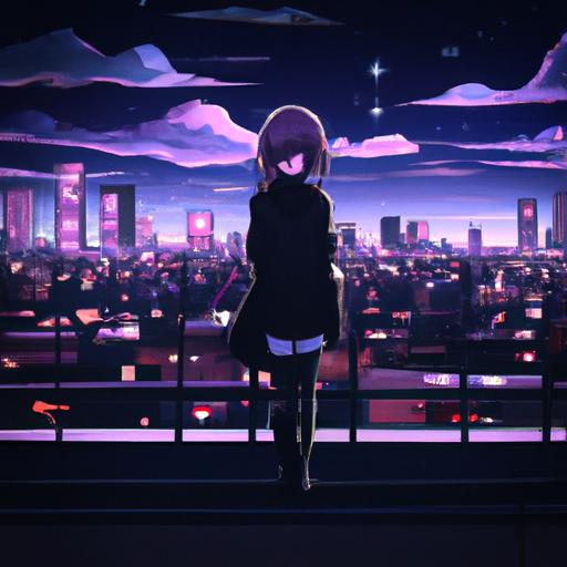 Cô gái anime đứng một mình trên tầng thượng vào ban đêm với tầm nhìn thành phố phía sau