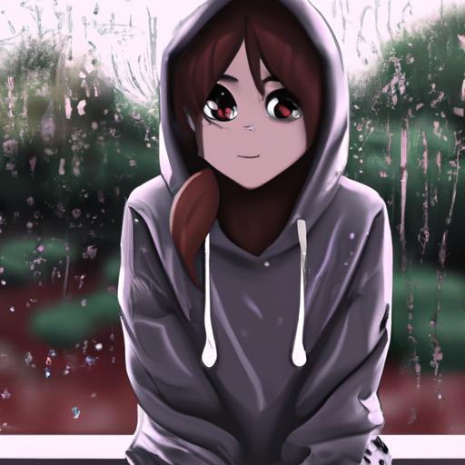 Cô gái anime mặc áo khoác hoodie và nhìn chằm chằm vào cửa sổ ướt