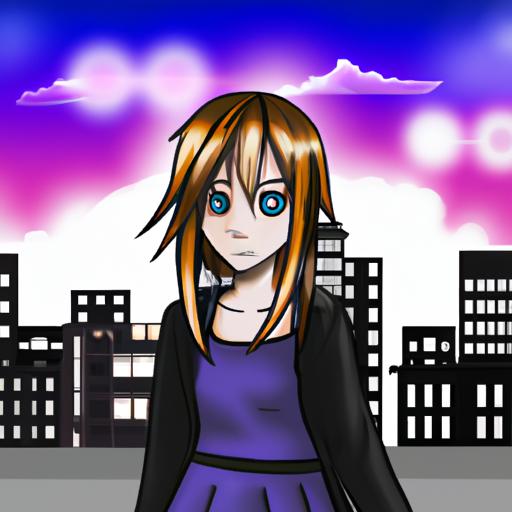 Cô gái anime với biểu cảm bình tĩnh đứng trước tầm nhìn thành phố