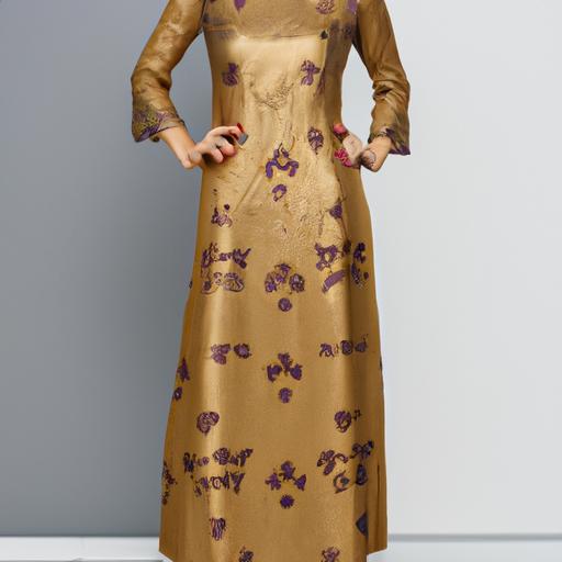 Áo dài đẹp với phong cách hiện đại từ vải nhung với hoa văn kim loại thêu