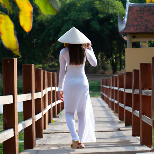 Cô bé mặc áo dài trắng đơn giản và nón lá, đi bộ trên cây cầu qua con sông.