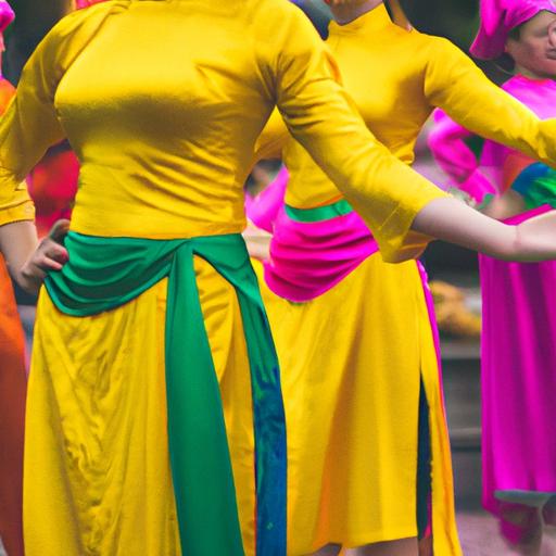 Nhóm vũ công mặc áo dài đầy màu sắc biểu diễn một điệu múa truyền thống của Việt Nam.