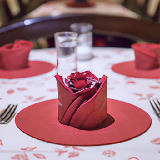 Một bàn ăn tuyệt đẹp với khăn ăn hình hoa hồng.