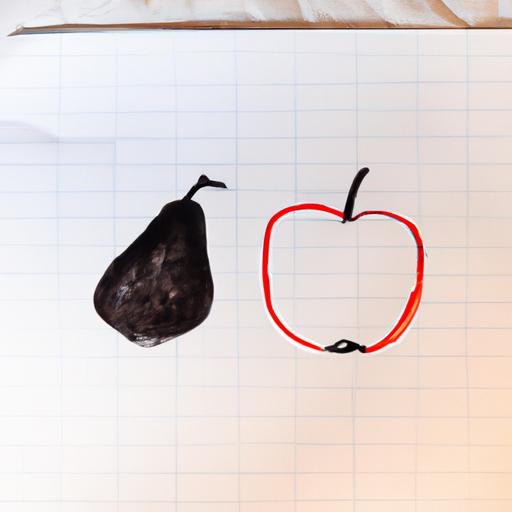 Một bản phác thảo về một quả táo và một quả lê trên một tờ giấy trắng.