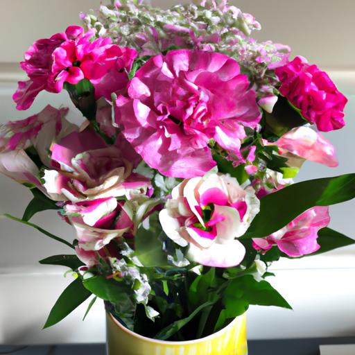 Một bình hoa tươi sáng với các sắc thái màu hồng khác nhau.