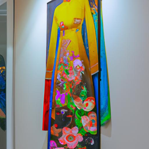 Bức tranh hoàn thiện của áo dài Việt Nam với màu sắc sống động và chi tiết tinh xảo, treo trên tường tại triển lãm nghệ thuật.