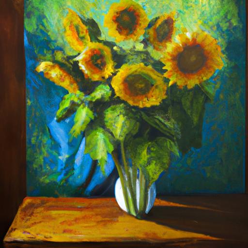 Một bức tranh chân dung vẽ một bình hoa hướng dương trên một cái bàn gỗ.