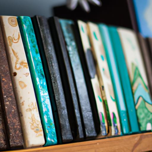 Một bộ sưu tập các cuốn sổ nhật ký handmade với kích thước và thiết kế khác nhau được trưng bày trên kệ.
