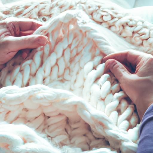 Chụp cận cảnh đôi tay người đang đan một chiếc chăn len to và đậm đà