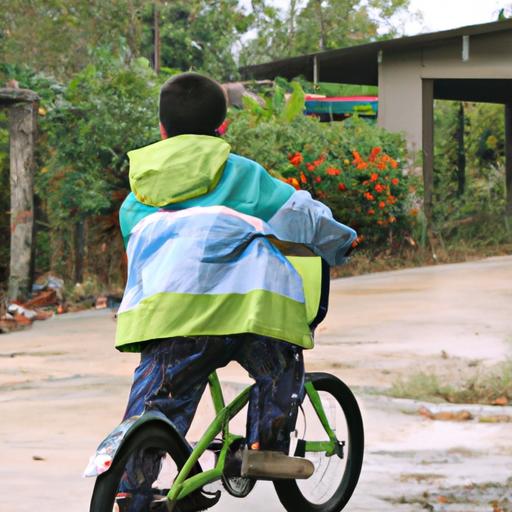 Một cậu bé mặc áo khoác và quần bằng nhựa tái chế đang đi xe đạp.