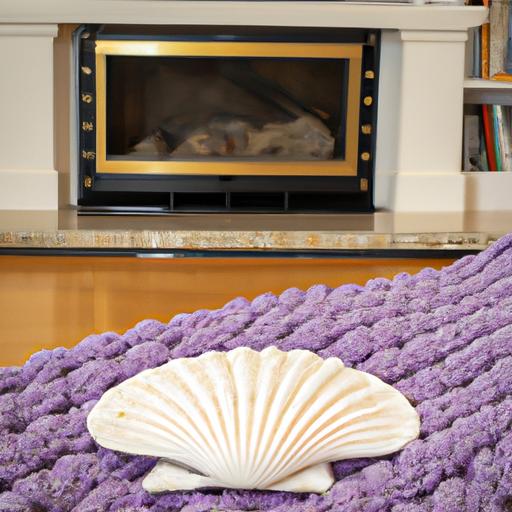 Chăn len với hoa văn vỏ sò được đan bằng kỹ thuật đan len. Màu của chăn là màu tím và trắng. Nền là một phòng khách ấm áp với lò sưởi.