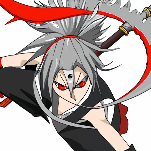 Một chiến binh anime nam nổi giận với thanh kiếm và đôi mắt đỏ
