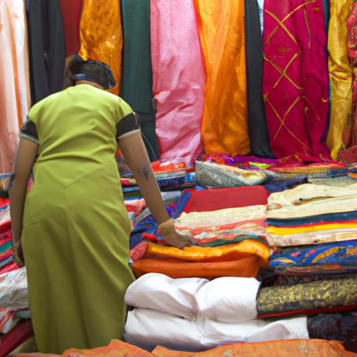 Một người phụ nữ kiểm tra các loại vải màu sắc tại một chợ dệt may ở Ấn Độ