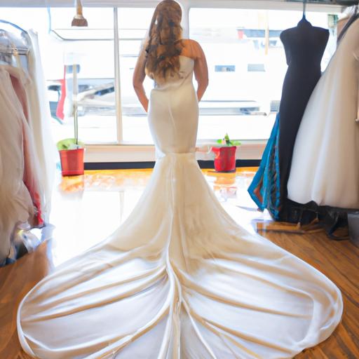 Cô dâu thử mặc chiếc áo cưới đuôi cá dài với đuôi váy bồng bềnh