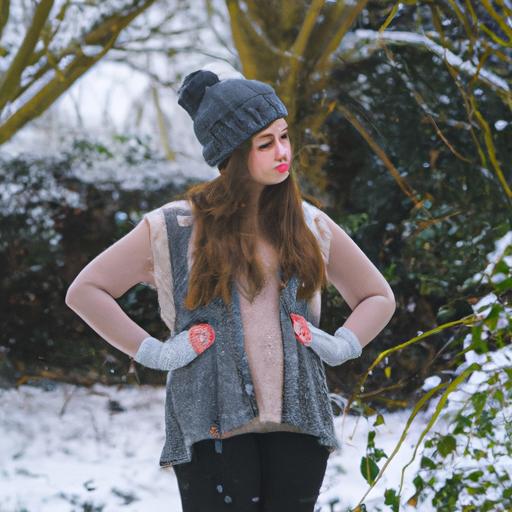 Một cô gái trẻ mặc áo len gile và mũ đứng trong công viên tuyết vào mùa đông