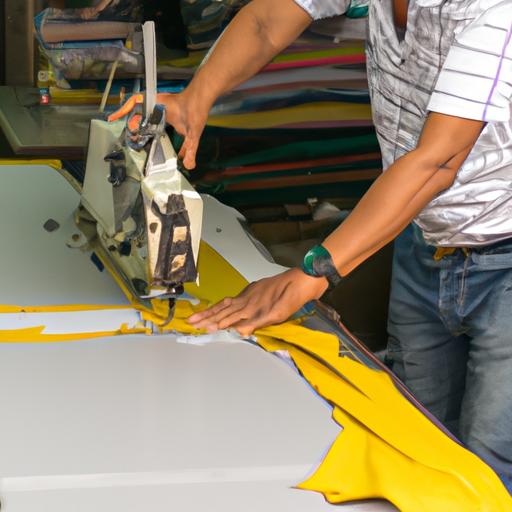 Một công nhân sử dụng máy cắt vải để cắt các mảnh vải.
