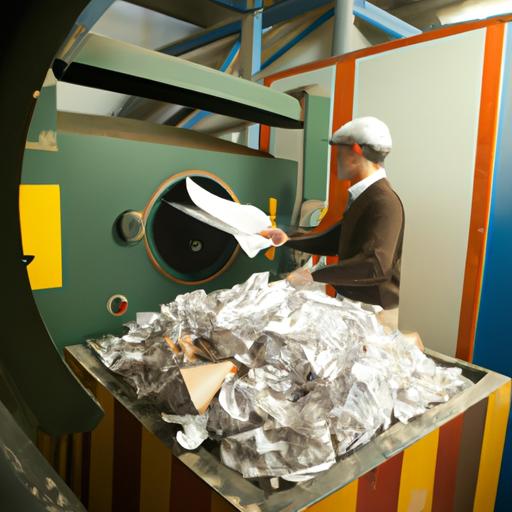 Công nhân nhà máy vận hành máy tái chế giấy