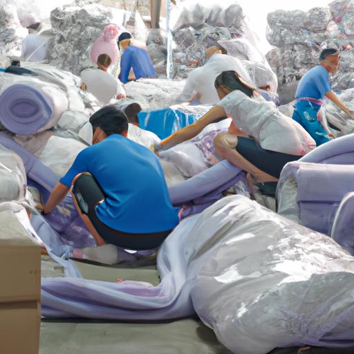 Một nhóm công nhân đang sắp xếp và đóng gói các sản phẩm dệt may trong kho hàng tại Việt Nam.