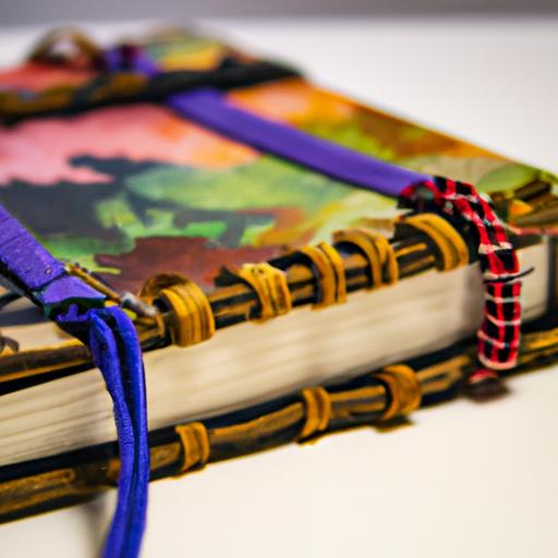 Gần cận một cuốn sổ nhật ký handmade với khâu đặc biệt và trang giấy đầy màu sắc.