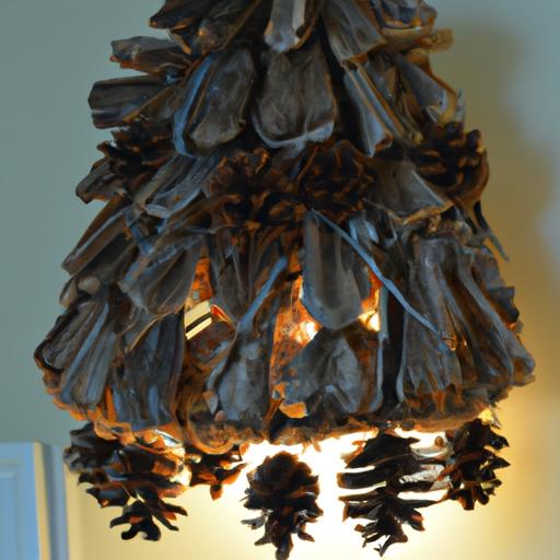 Một chiếc đèn trang trí mang phong cách đồng quê, được làm từ quả thông khô và cành cây