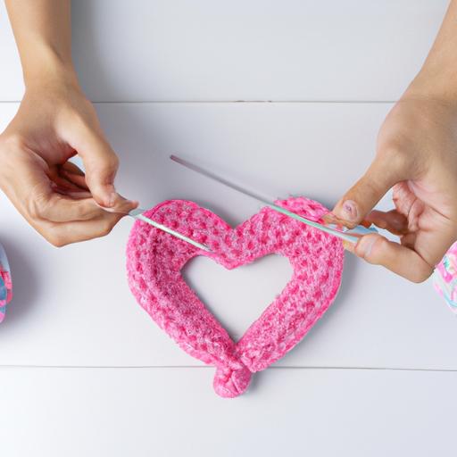 Đôi tay của một người cầm móc đan và len để tạo ra một tác phẩm hình trái tim