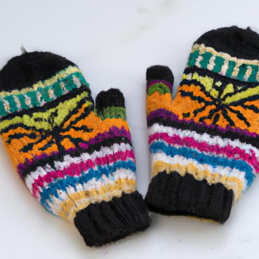 Một đôi găng tay len handmade với sọc màu sắc