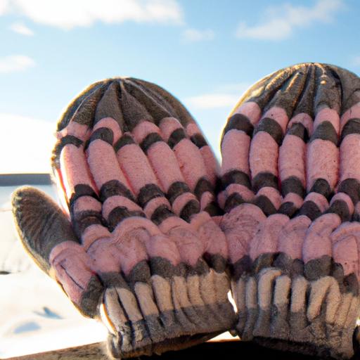 Găng tay với hoa văn vỏ sò được đan bằng kỹ thuật đan len. Màu của găng tay là hồng và trắng. Nền lành giá phủ trắng tuyết.