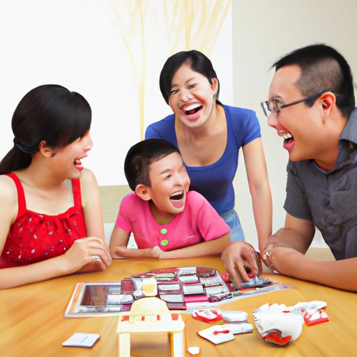 Gia đình 4 người chơi trò chơi trên bàn ăn