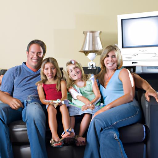 Gia đình 4 người ngồi trên ghế sofa xem TV