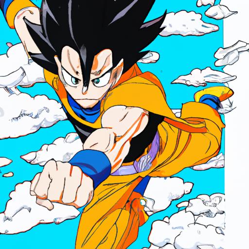 Goku bay trên không trung với đôi tay duỗi ra và khuôn mặt quyết tâm.