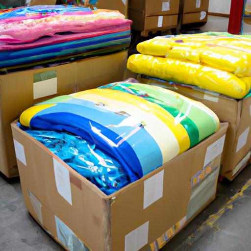 Hàng vải nhuộm đầy màu sắc được đóng gói chuẩn bị giao hàng.