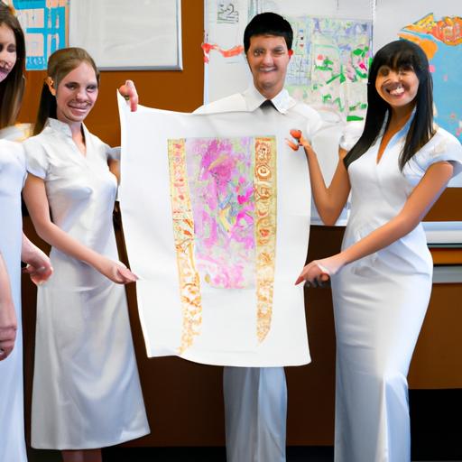 Nhóm học sinh trong lớp học, mỗi người đều cầm bức tranh áo dài Việt Nam mà họ vừa vẽ.
