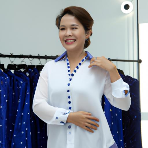 Khách hàng hài lòng thử áo blouse lụa mới tại showroom của công ty dệt lụa Nam Định.