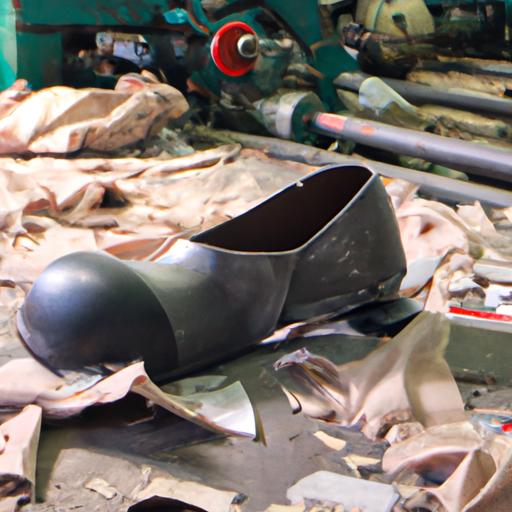 Máy may giày da trong một nhà máy với những mảnh da thải trên sàn.