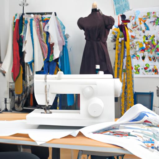 Máy may Juki Nhật trong phòng thiết kế thời trang được bao quanh bởi vải và bản vẽ