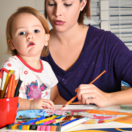 Mẹ và con vẽ cùng nhau với nhiều dụng cụ vẽ khác nhau