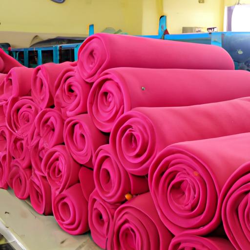 Một đống cuộn vải ruby trong nhà máy dệt