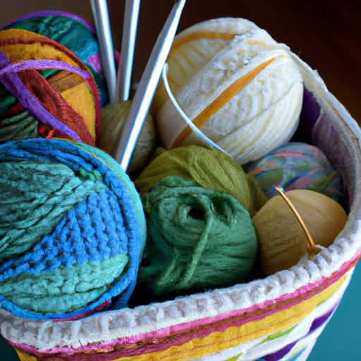Một giỏ đựng đầy sợi len và móc đan màu sắc đa dạng.