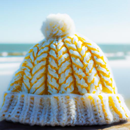 Mũ len với hoa văn vỏ sò được đan bằng kỹ thuật đan len. Màu của mũ là màu vàng và trắng. Nền là một ngày nắng tại bãi biển.